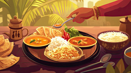 Cartoon image of a traditional Indian thali being served, with curries, rice, and roti, copy space availableの素材