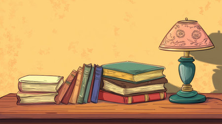 Cartoon rendering of South Asian poetry books on a wooden table, traditional lamp nearby, ample copy spaceの素材