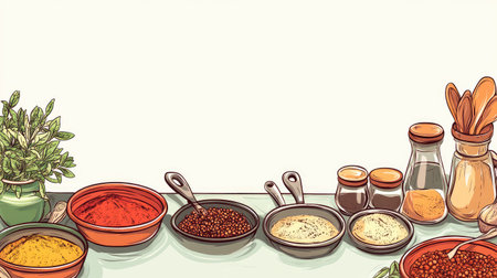 Cartoon image of Indian spices laid out on a table, with cooking pots and utensils, ample copy spaceの素材