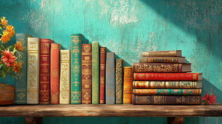 Cartoon rendering of South Asian religious texts stacked on a vintage wooden shelf, copy space to the rightの素材