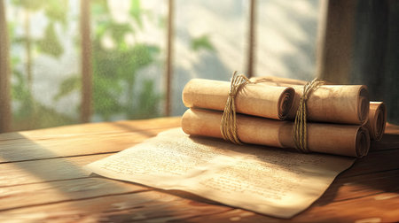 Cartoon rendering of South Asian literary scrolls tied with string on a wooden table, soft light, copy spaceの素材