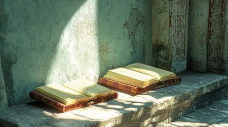 Cartoon image of South Asian religious texts on a stone bench, sunlight casting shadows, ample copy spaceの素材