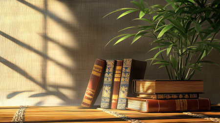 Cartoon rendering of traditional South Asian books on a bamboo mat, soft morning light, ample copy spaceの素材