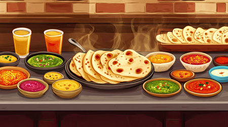 Cartoon image of tandoor naan being baked, various colorful chutneys and dishes on the counter, copy space availableの素材