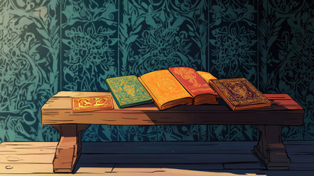 Cartoon image of South Asian religious texts lying on a wooden bench, intricate patterns in the background, ample copy space -の素材
