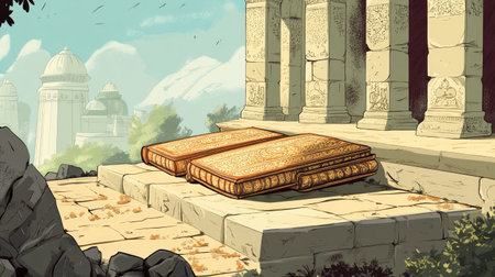 Cartoon-style scene of South Asian religious manuscripts resting on a stone bench, copy space to the leftの素材