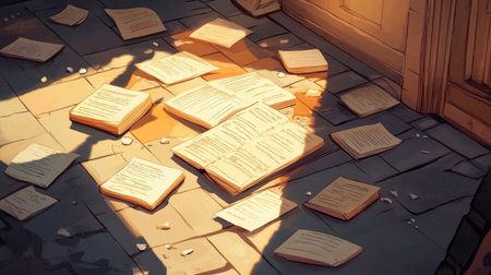 Cartoon-style depiction of South Asian manuscripts scattered on a stone floor, warm sunlight, ample copy spaceの素材