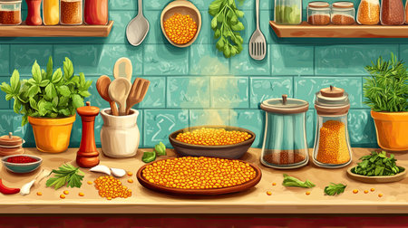 Cartoon rendering of Indian kitchen with lentils being prepared for dal, spices and herbs around, copy spaceの素材