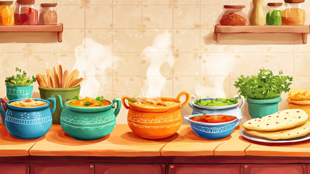 Cartoon-style Indian kitchen with colorful curries in pots, steam rising, naan bread to the side, copy spaceの素材