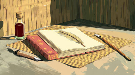 Cartoon scene of South Asian poetry book on a bamboo mat, ink bottle and quill nearby, ample copy spaceの素材