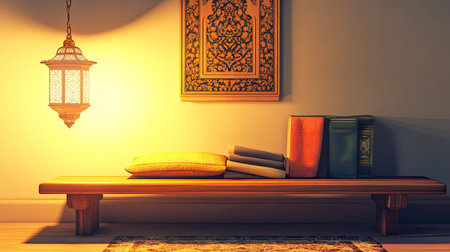 Cartoon rendering of South Asian religious texts displayed on a wooden bench, traditional lamp casting light, copy spaceの素材