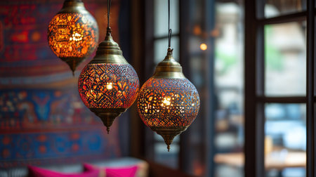 Traditional South Asian restaurant decor with brass lamps and handwoven textiles. No people, copy space availableの素材