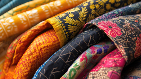 A close-up of vibrant South Asian fabric patterns, no people, offering space for captions or text.の素材