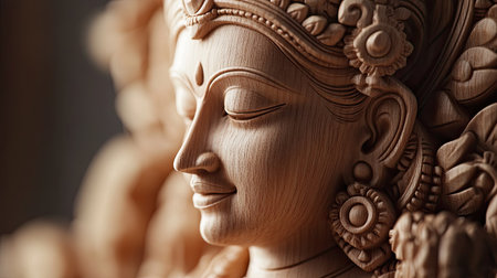 A beautifully carved Indian sculpture with fine details, no one present, with space for text.の素材