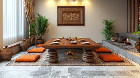 Traditional South Asian dining setup with floor seating and low tables. No people, copy space availableの素材