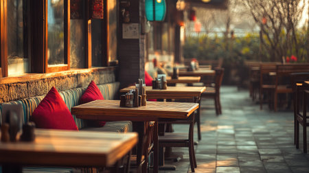 View of a popular South Asian restaurant's outdoor terrace with cozy seating. No people, copy space availableの素材
