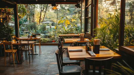 View of an outdoor seating area in a South Asian restaurant with a garden view. No people, copy space availableの素材