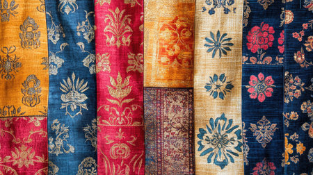 A detailed South Asian fabric pattern with bold colors, no people, and copy space for textor design.の素材