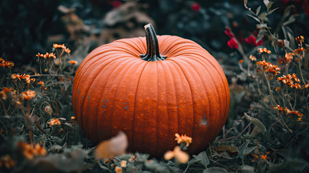 A large, orange pumpkin in the center, surrounded by empty space for fall-themed content.の素材