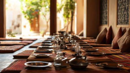 Traditional South Asian dining setup with floor seating and low tables. No people, copy space availableの素材