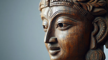 A carved Indian sculpture against a simple background, no one inの素材