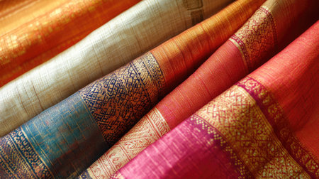 A close-up of handwoven South Asian textile fabric, no people, and ample copy space.の素材