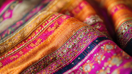 A close-up of vibrant South Asian fabric patterns, no people, offering space for captions or text.の素材