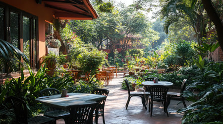 View of an outdoor seating area in a South Asian restaurant with a garden view. No people, copy space availableの素材