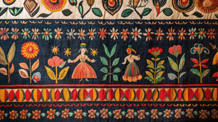 A close-up of South Asian textile art with rich patterns, no people, offering copy space.の素材