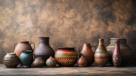 Indian pottery arranged in an artistic display, no people, with ample copy space.の素材