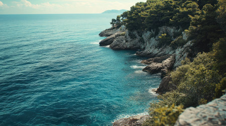 The European sea view captured beautifully, with no fish visible and clean copy space for text.の素材