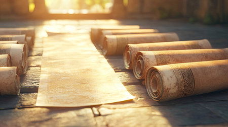 Cartoon-style ancient South Asian scrolls spread on a stone floor, sunlight gently illuminating, blank copy spaceの素材