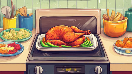 Cartoon image of tandoori chicken roasting in an oven, colorful side dishes on a counter, copy space availableの素材