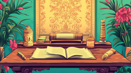 Cartoon-style traditional South Asian scrolls on a vintage desk, intricate traditional decor surrounding, copy spaceの素材