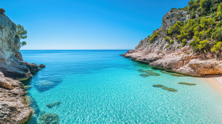 A serene view of the European sea, with clear blue waters and no fish, leaving room for text.の素材