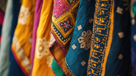 A close-up of South Asian textile art with bold colors, no people, and space for text.の素材