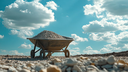 Close-up of a wheelbarrow full of gravel, copy space available in the skyの素材