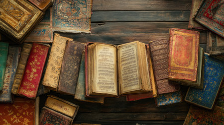 Colorful cartoon of old South Asian manuscripts spread across a rustic floor, vintage patterns nearby, copy spaceの素材