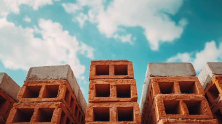 Close-up of construction bricks, wide open area in the sky for copy spaceの素材