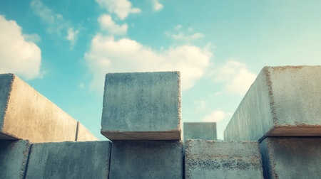 Close-up of concrete blocks at a building site, sky above providing copy spaceの素材
