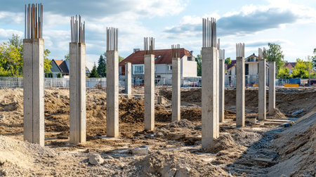 Concrete pillars on a construction site, open area for copy spaceの素材