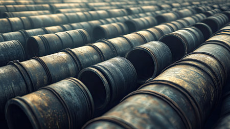 Large metal pipes stacked in rows, with ample room for copy space in the backgroundの素材