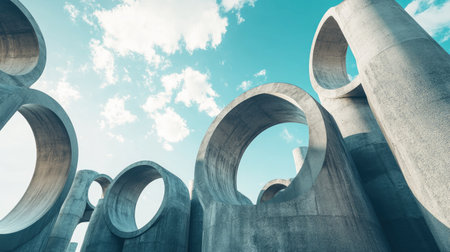 Large concrete pipes stacked together, open sky providing copy spaceの素材