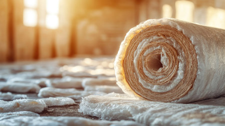 Close-up of rolled insulation materials, open area for text in the backgroundの素材