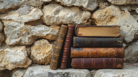 Old leather-bound South Asian books resting against an ancient stone wall, blank space on the sideの素材