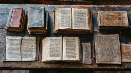 Close-up of old South Asian manuscripts laid on a weathered wooden desk, ample copy spaceの素材