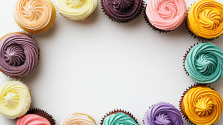 Cupcakes with colorful icing arranged in a circle, blank area around them providing copy spaceの素材