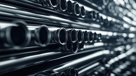 Large metal pipes stacked in rows, with ample room for copy space in the backgroundの素材