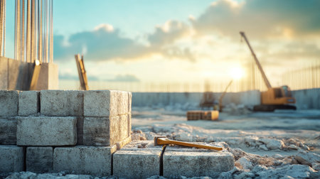 Concrete blocks with construction tools, wide open area in the backgroundの素材