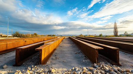 Metal beams and rods arranged on the ground, blank area in the sky for textの素材